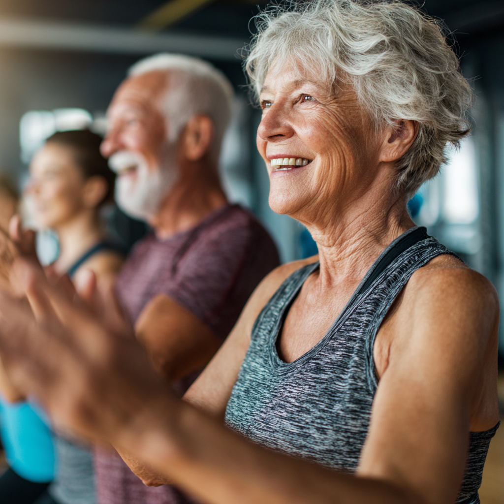 Senior fitness enthusiasts participating in guided group exercise session